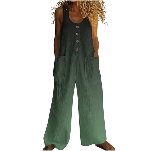 Cavosen Loose Linen Crew Neck Sleeveless Jumpsuits Button Retro Long Overalls with Pocket Print Lightweight Summer Cute Rompers