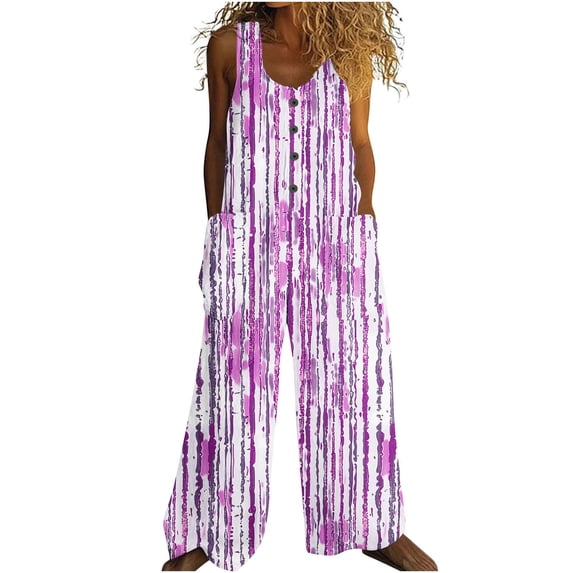 Cavosen Loose Linen Crew Neck Sleeveless Jumpsuits Button Retro Long Overalls with Pocket Print Lightweight Summer Trendy Rompers