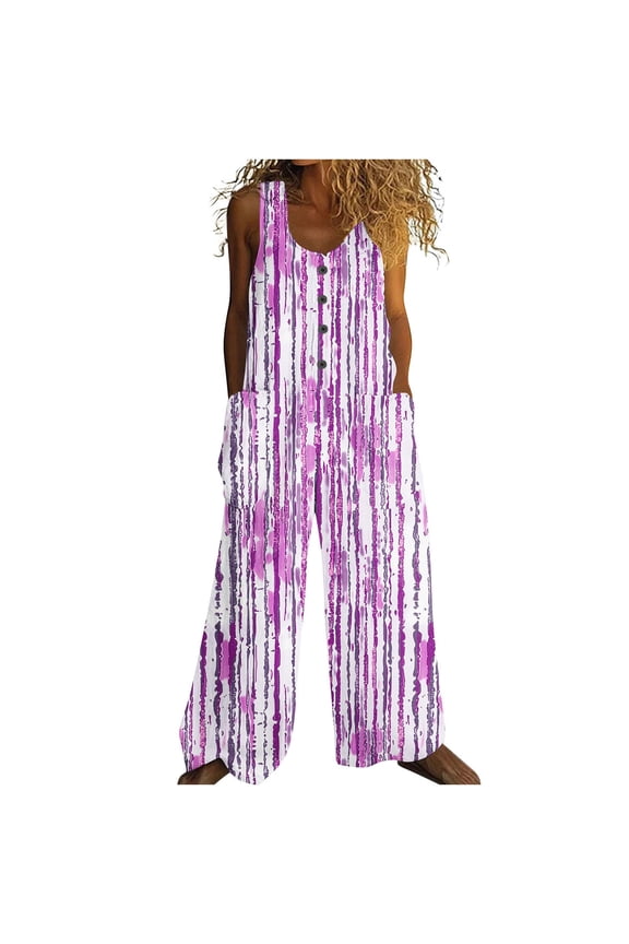 Loose Linen Crew Neck Sleeveless Jumpsuits Button Retro Long Overalls with Pocket Print Lightweight Summer Trendy Rompers