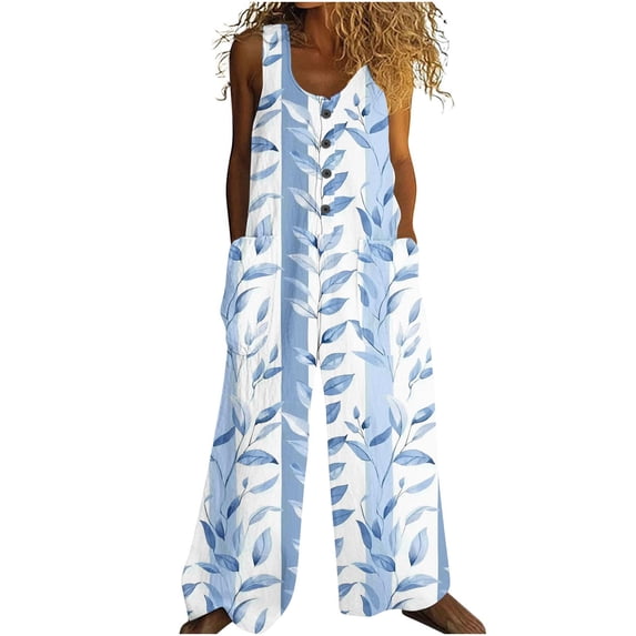 Cavosen Loose Linen Crew Neck Sleeveless Jumpsuits Button Retro Long Overalls with Pocket Print Lightweight Summer Work Rompers