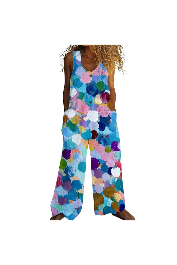 Loose Linen Crew Neck Sleeveless Jumpsuits Button Retro Long Overalls with Pocket Print Summer Vacation Rompers