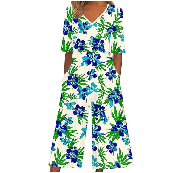 Cavosen Loose Linen V Neck Short Sleeve Jumpsuits Zipper Long Overalls with Pocket Hawaii Lightweight Summer Workout Rompers