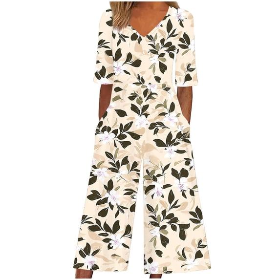 Cavosen Loose Linen V Neck Short Sleeve Jumpsuits Zipper Long Overalls with Pocket Print Lightweight Summer Cute Rompers