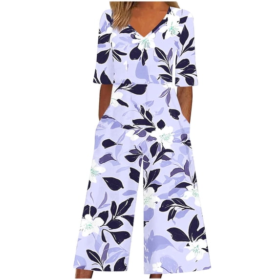 Cavosen Loose Linen V Neck Short Sleeve Jumpsuits Zipper Long Overalls with Pocket Print Lightweight Summer Vacation Rompers