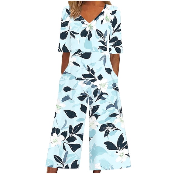 Cavosen Loose Linen V Neck Short Sleeve Jumpsuits Zipper Long Overalls with Pocket Print Lightweight Summer Vacation Rompers