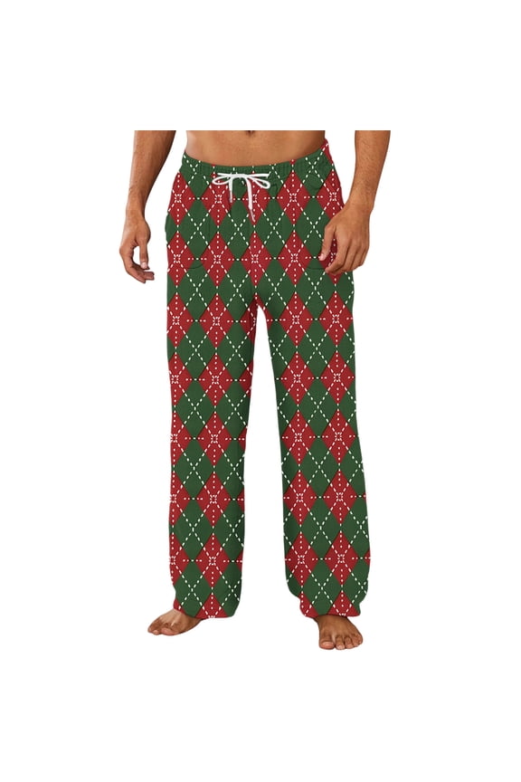 Lounge Pants Men with Pockets Christmas Slim Straight Leg Trousers with Pockets Plaid Elastic Waist Bottoms Drawstring Thickened Windbreaker Comfy Pants