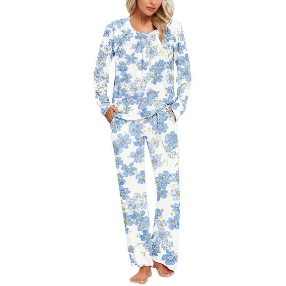 Cavosen Lounge Sets for Women 2 Piece with Pocket Pajamas Outfits Sets Long Pants Long Sleeve Sleepshirts Homewear Pleated Sleepwear Lightweight Baggy Nightwear Fall Winter Clothes