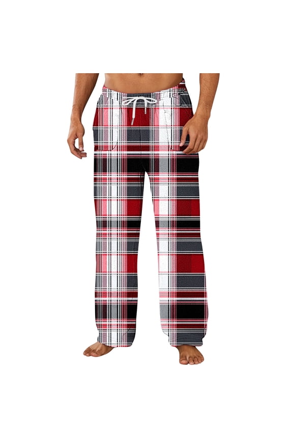 Lounge pants for Men Christmas Slim Straight Leg Trousers with Pockets Plaid Elastic Waist Bottoms Thickened Comfy Pants