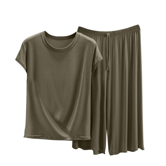 Cavosen Loungewear Sets for Women Plus Size 2 Piece Crew Neck Short Sleeve Top Elastic Waist Wide Leg Pants Solid Summer Comfortable Sweatsuit