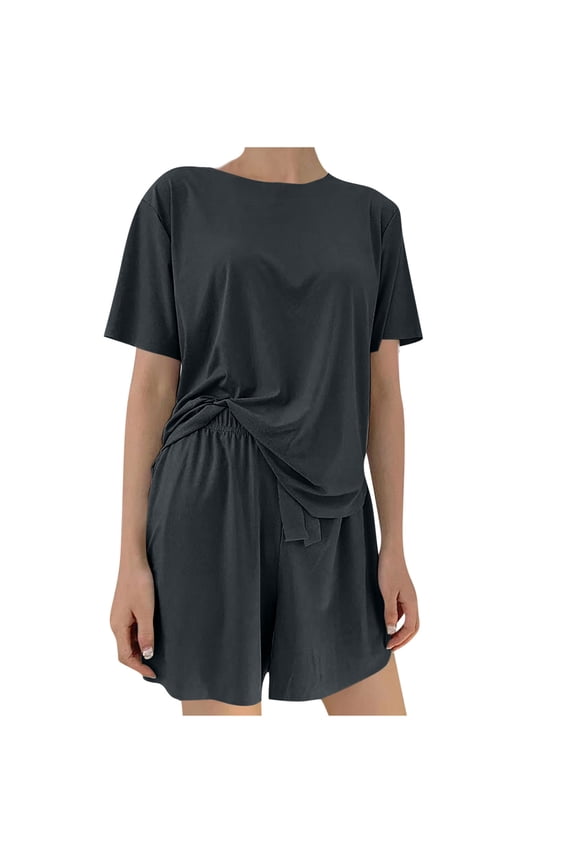 Loungewear for Women 2 Piece Viscose Short Sleeves Crew Neck Cozy Pajama Set Lightweight Nightwear Solid Classic Sleepwear