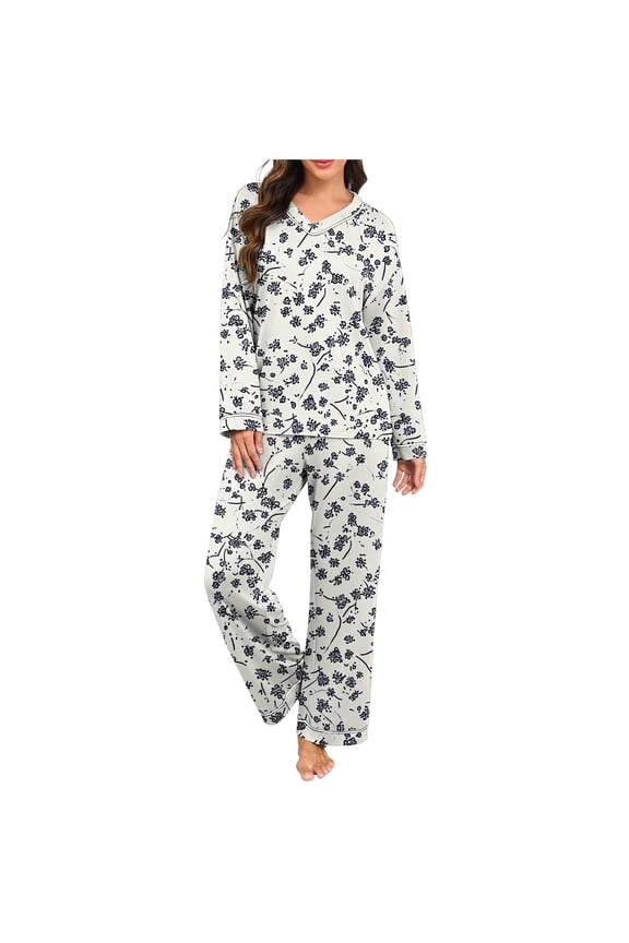 Loungewear for Women Long Sleeve Cute V Neck Shirt Wide Leg Pants Graphic Lightweight Comfy Nightwear White L