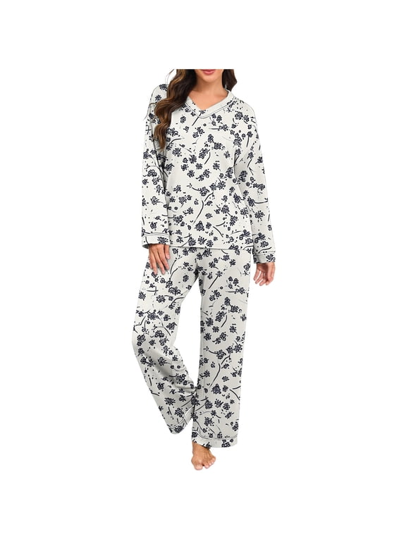 Loungewear for Women Long Sleeve Cute V Neck Shirt Wide Leg Pants Graphic Lightweight Comfy Nightwear White M