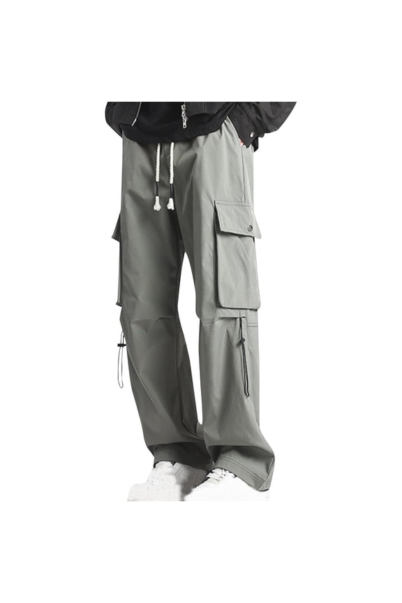 Man Cargo Pants Low waist Trousers with Pockets Solid Elastic Waist Bottoms Drawstring Windbreaker Outdoor Clothes