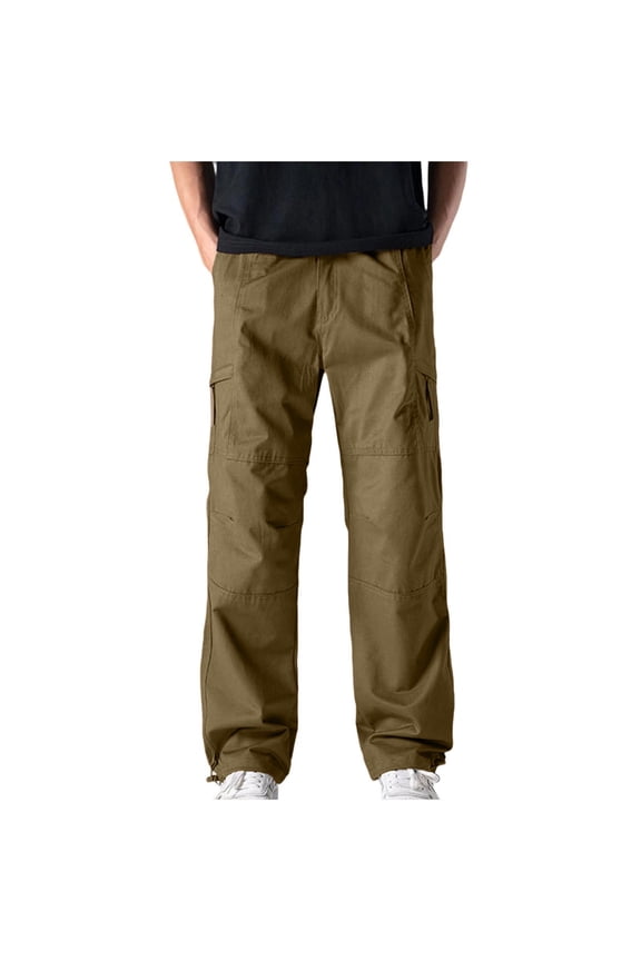 Man Cargo Pants Low waist Trousers with Pockets Solid Regular Elastic Waist Bottoms Zipper Straight Leg Windbreaker Casual Clothes