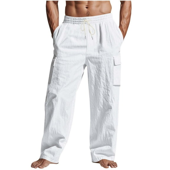 Cavosen Man's Cargo Pants Low waist Trousers with Pockets Solid Regular Elastic Waist Bottoms Straight Leg Casual Clothes