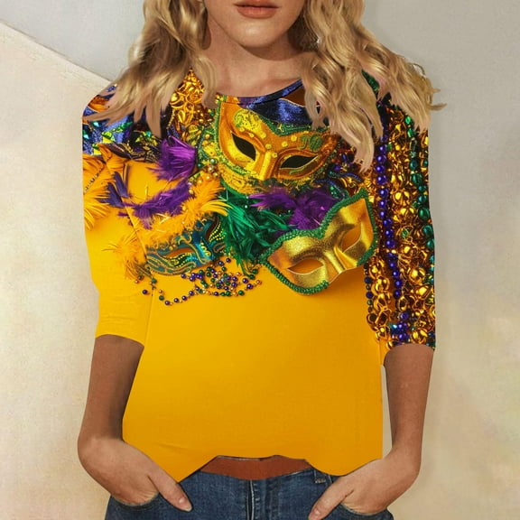 Cavosen Mardi Gras 3/4 Length Sleeve Blouses for Women Carnival Mask Graphic Print Blouse Round Neck Party Holiday Shirts Loose Stylish Festival Tops Dressy Party Funny Tees 3XL