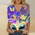 thumbnail image 1 of Cavosen Mardi Gras 3/4 Length Sleeve Blouses for Women Festival Carnival V Neck Blouse Mask Graphic Print Shirts Holiday Novelty Tops Loose Workout Tees Party Shrove Tuesday T-Shirts S, 1 of 4