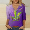 thumbnail image 1 of Cavosen Mardi Gras 3/4 Length Sleeve Womens Tops Dressy Carnival Mask Graphic Print Tops V Neck Party Holiday Shirts Loose Trendy Festival Blouse Party Funny T-Shirt Purple 2XL, 1 of 5