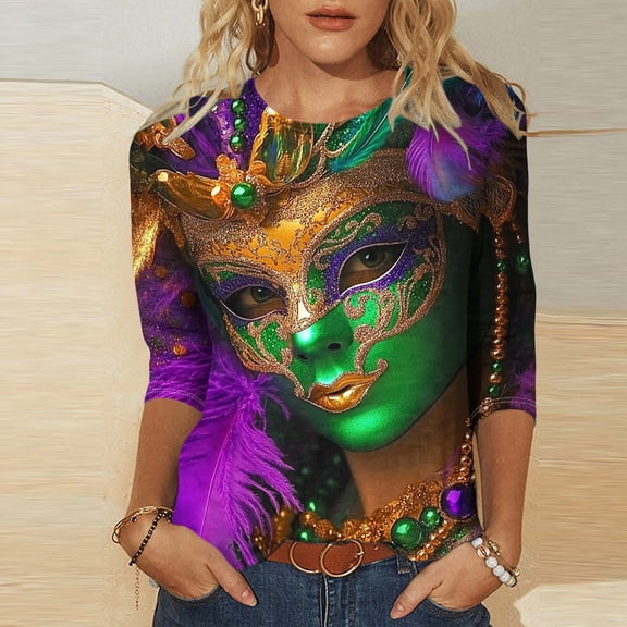 Cavosen Mardi Gras 3/4 Sleeve Shirts for Women Crew Neck Holiday Carnival Shirts Mask Graphic Print Blouse Festival Stylish Tops Loose Workout T-Shirts Party Shrove Tuesday Tees M