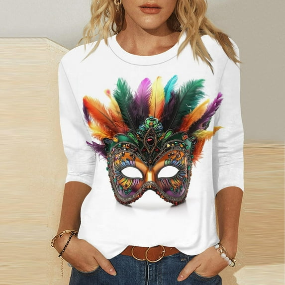 Cavosen Mardi Gras Blouses for Women 3/4 Sleeve Festival Carnival Crewneck Tops Mask Graphic Print Blouse Holiday Trendy Shirts Casual Athletic T-Shirts Party Shrove Tuesday White 4XL
