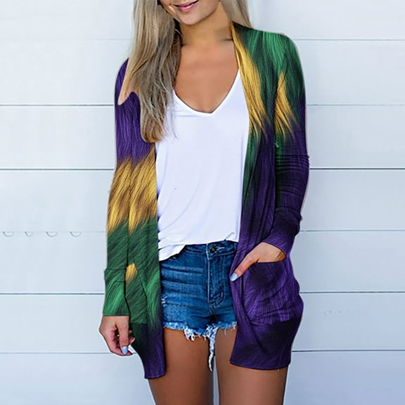 Cavosen Mardi Gras Cardigans for Women Lightweight with Pocket Duster Graphic Print Holiday Open Front Cardigan Long Sleeve Festival Outwear Slouchy Summer Vacation Sweaters S
