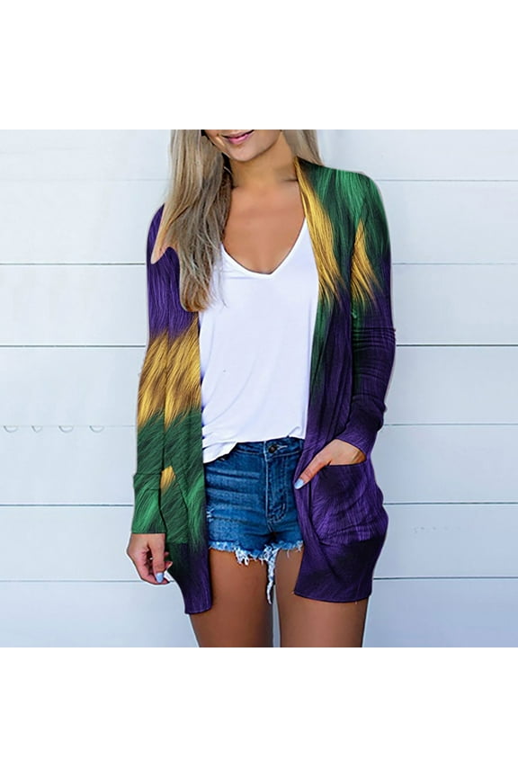 Mardi Gras Cardigans for Women Lightweight with Pocket Duster Graphic Print Holiday Open Front Cardigan Long Sleeve Festival Outwear Slouchy Summer Vacation Sweaters S
