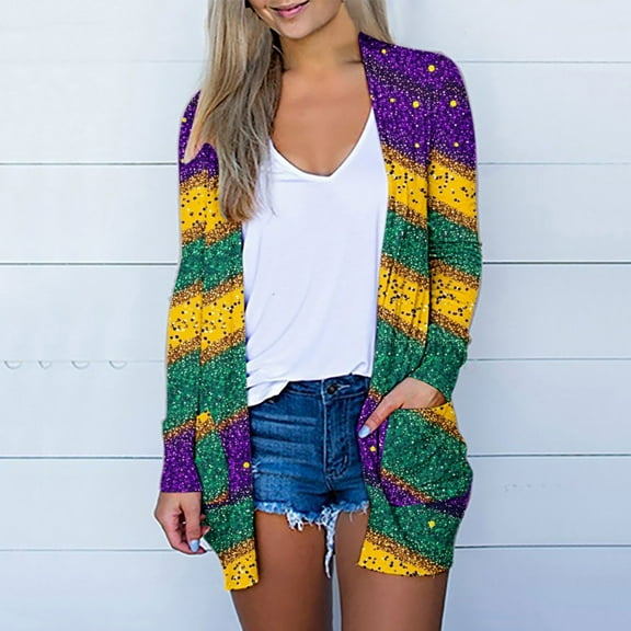 Cavosen Mardi Gras Cardigans for Women Open Front Sweater with Pocket Duster Striped Print Holiday Cardigan Long Sleeve Lightweight Festival Sweaters Summer Vacation Outwear L
