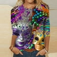 thumbnail image 1 of Cavosen Mardi Gras Casual Tops for Women 3/4 Sleeves Carnival Shiny Mask Graphic Print Blouse Round Neck Party Holiday Shirts Comfy Stylish Festival Tops Dressy Party Funny Tees L, 1 of 5