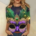thumbnail image 1 of Cavosen Mardi Gras Casual Tops for Women 3/4 Sleeves Carnival Shiny Mask Graphic Print Shirts Crewneck Party Holiday Tops Comfy Stylish Festival Blouse Dressy Party Funny Tees Purple XL, 1 of 5