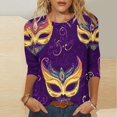 thumbnail image 1 of Cavosen Mardi Gras Casual Women's Shirts 3/4 Length Sleeve Festival Carnival Crewneck Tops Mask Graphic Print Shirts Holiday Novelty Blouse Loose Going out Tees Party Shrove Tuesday M, 1 of 5