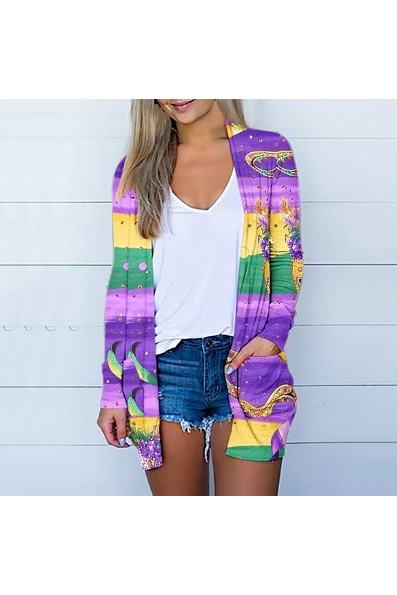 Mardi Gras Chunky Cardigans for Women with Pocket Duster Striped Print Holiday Open Front Cardigan Long Sleeve Lightweight Festival Outwear Summer Beach Sweaters M