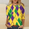 thumbnail image 1 of Cavosen Mardi Gras Dressy Tops for Women 3/4 Sleeves Festival Carnival Round Neck Shirts Argyle Graphic Print Tops Holiday Novelty Blouse Loose Athletic Tees Party Tuesday Green M, 1 of 5