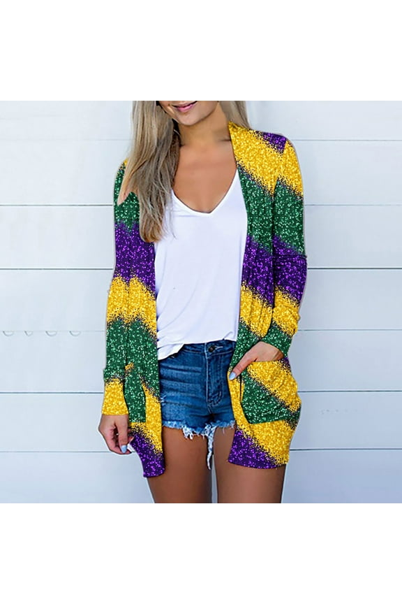 Mardi Gras Duster Cardigans for Women with Pocket Striped Print Holiday Open Front Cardigan Long Sleeve Lightweight Festival Sweaters Slouchy Summer Vacation Outwear M