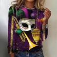 thumbnail image 1 of Cavosen Mardi Gras Flowy Tops for Women Long Sleeve Carnival Shiny Mask Graphic Print Tops Round Neck Party Holiday Blouse Casual Stylish Festival Shirts Dressy Party Funny Tees Purple M, 1 of 4