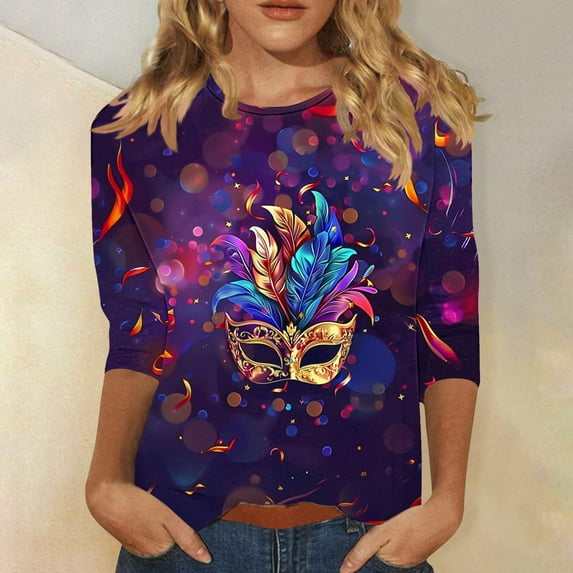 Cavosen Mardi Gras Ladies Blouses 3/4 Sleeve Carnival Shiny Mask Graphic Print Blouse Round Neck Party Festival Shirts Loose Fashion Holiday Tops Dressy Party Funny Tees XL