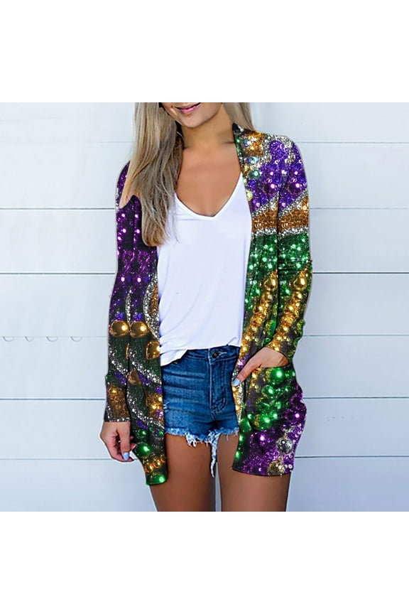 Mardi Gras Lightweight Cardigans for Women with Pocket Duster Striped Print Festival Open Front Cardigan Long Sleeve Holiday Sweaters Slouchy Summer Beach Outwear L