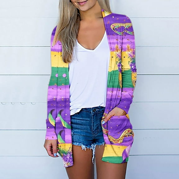 Cavosen Mardi Gras Long Cardigan Sweater Women with Pocket Duster Striped Print Holiday Open Front Cardigan Long Sleeve Lightweight Festival Sweaters Summer Beach Outwear L