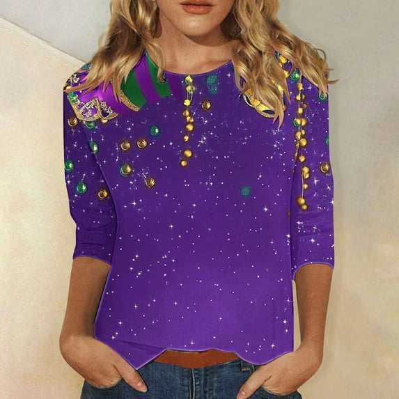 Cavosen Mardi Gras Shirts for Women 3/4 Sleeve Carnival Mask Graphic Print Shirts Round Neck Party Festival Tops Loose Trendy Holiday Blouse Dressy Party Funny T-Shirt Purple 3XL