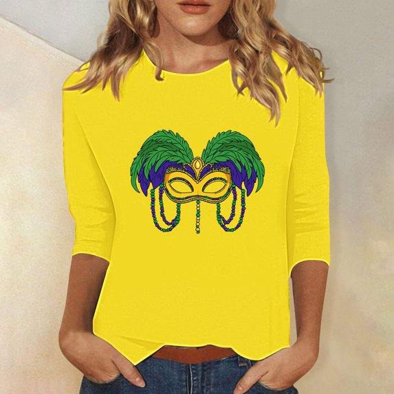 Cavosen Mardi Gras Women's 3/4 Sleeve Tops Dressy Holiday Carnival Crewneck Blouse Mask Graphic Print Tops Festival Novelty Shirts Casual Athletic T-Shirts Party Shrove Tuesday Yellow L