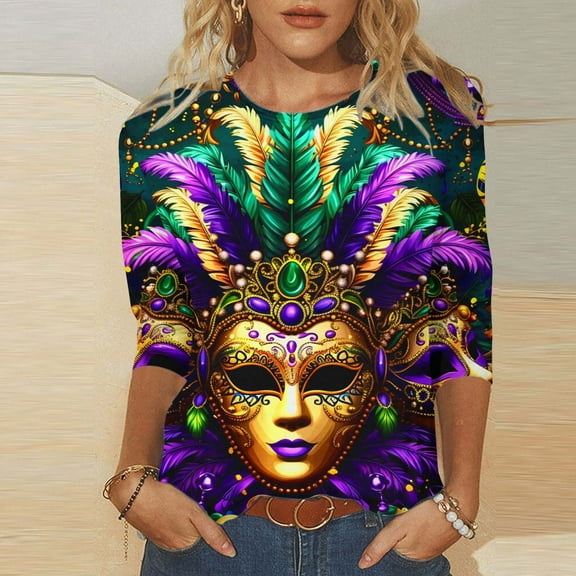 Cavosen Mardi Gras Women's 3/4 Sleeve Tops Dressy Holiday Carnival Crewneck Blouse Mask Graphic Print Tops Festival Stylish Shirts Loose Athletic Tees Party Shrove Tuesday T-Shirts M