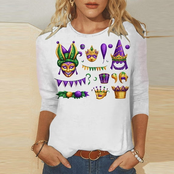Cavosen Mardi Gras Women's Blouses 3/4 Sleeve Tunic Festival Carnival Round Neck Shirts Mask Graphic Print Blouse Holiday Stylish Tops Dressy Workout Tees Party Shrove Tuesday White 5XL