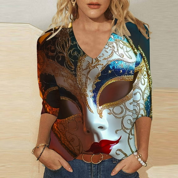 Cavosen Mardi Gras Women's Shirts 3/4 Sleeve Length Festival Carnival V Neck Tops Mask Graphic Print Shirts Holiday Fashion Blouse Dressy Going out T-Shirts Party Shrove Tuesday M