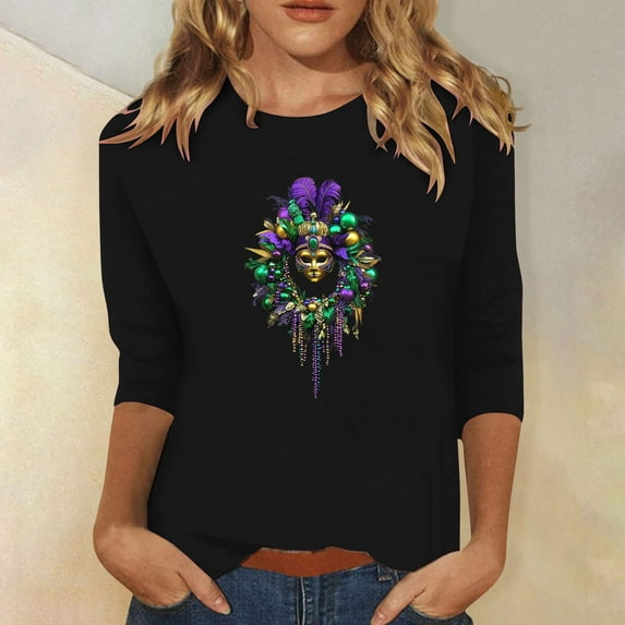 Cavosen Mardi Gras Women's Shirts 3/4 Sleeve Length Holiday Carnival Round Neck Blouse Mask Graphic Print Tops Festival Novelty Shirts Dressy Workout T-Shirts Party Tuesday Black XL