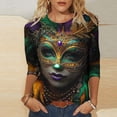 thumbnail image 1 of Cavosen Mardi Gras Women's Tops 3/4 Sleeve Length Festival Carnival Crewneck Tops Mask Graphic Print Blouse Holiday Stylish Shirts Casual Workout T-Shirts Party Shrove Tuesday Tees L, 1 of 5