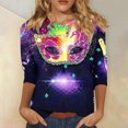thumbnail image 1 of Cavosen Mardi Gras Women's Tops and Blouses 3/4 Sleeves Carnival Mask Graphic Print Blouse Crewneck Party Holiday Shirts Comfy Stylish Festival Tops Dressy Party Funny T-Shirt Purple M, 1 of 5