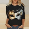 thumbnail image 1 of Cavosen Mardi Gras Womens 3/4 Sleeve Tops T Shirts Holiday Carnival Round Neck Shirts Mask Graphic Print Blouse Festival Stylish Tops Casual Athletic Tees Party Shrove Tuesday Black L, 1 of 5