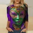 thumbnail image 1 of Cavosen Mardi Gras Womens Blouses Three Quarter Length Sleeves Holiday Carnival Round Neck Shirts Mask Graphic Print Blouse Festival Trendy Tops Casual Going out T-Shirts Party Tuesday 3XL, 1 of 5