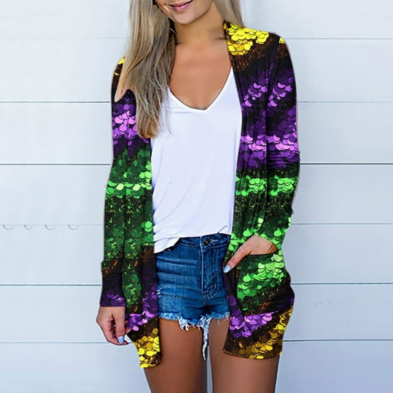 Cavosen Mardi Gras Womens Cardigan with Pockets Sweaters Duster Striped Print Holiday Open Front Cardigan Long Sleeve Lightweight Festival Outwear Summer Beach Sweaters S