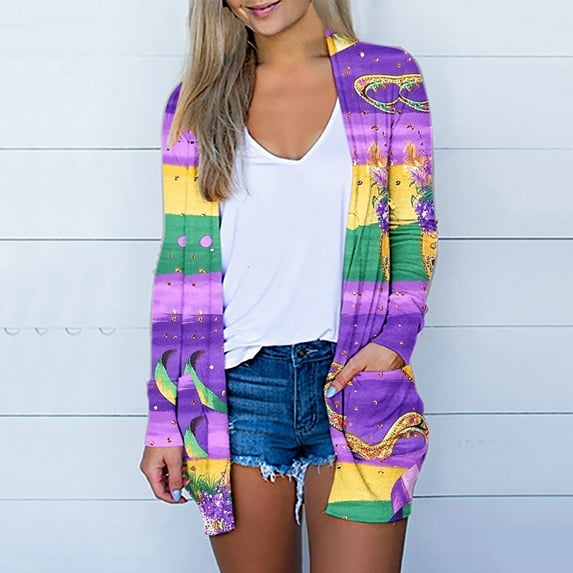 Cavosen Mardi Gras Womens Cardigan Sweaters Open in Front with Pocket Duster Striped Print Festival Cardigan Long Sleeve Lightweight Holiday Sweaters Vacation Outwear 2XL