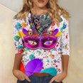 thumbnail image 1 of Cavosen Mardi Gras Womens Casual Tops 3/4 Sleeves Carnival Mask Graphic Print Shirts Crewneck Party Festival Blouse Loose Trendy Holiday Tops Dressy Party Funny Tees Purple XL, 1 of 5